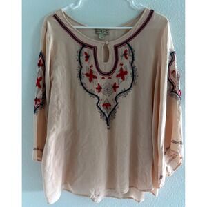 One World Top Womens XL Pink Embroidered Boho Flowy Festival Embroidered Cottage